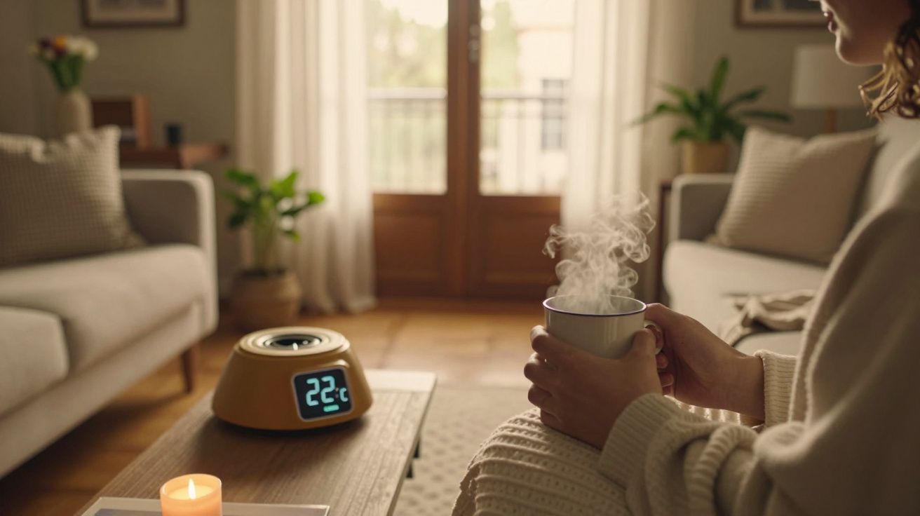 Mulher segura chá fumegante em sala aconchegante com termostato mostrando 22°C sobre mesa de madeira.