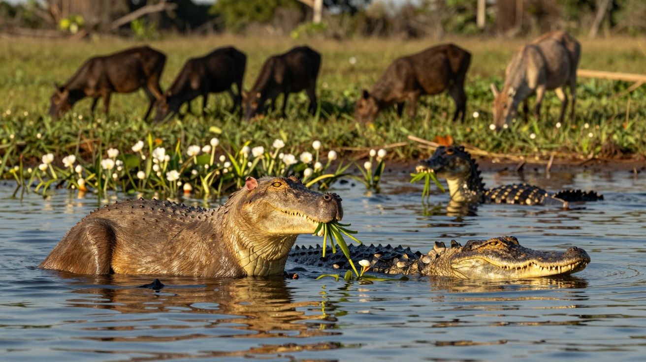 Jacarés na água com plantas na boca, enquanto capivaras pastam ao fundo numa paisagem de campo.