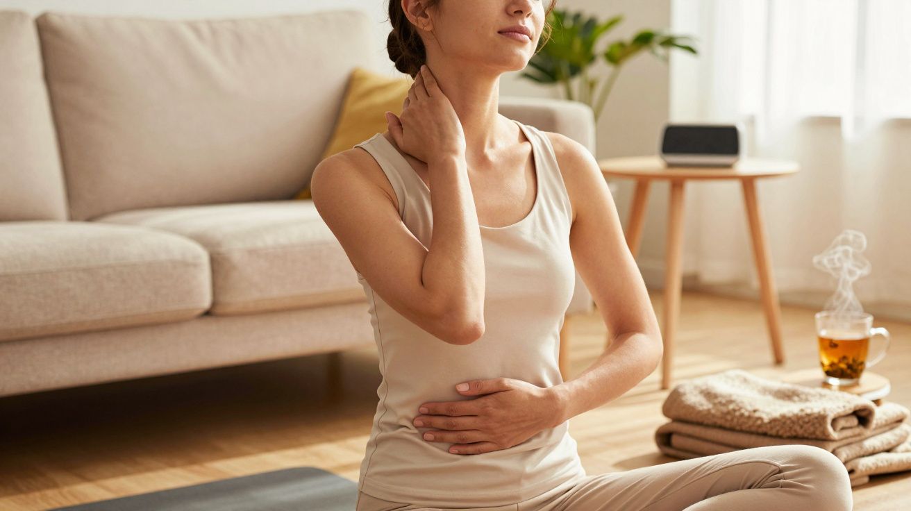 Mulher sentada no chão, fazendo alongamento de pescoço, com mão no pescoço e outra no abdómen, numa sala de estar iluminada.