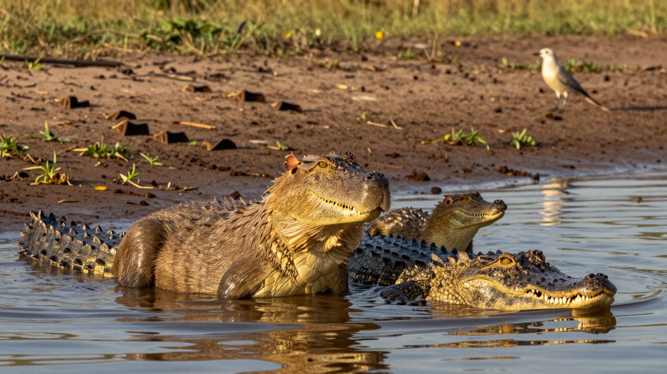 Jacarés na água com um pássaro ao fundo na margem, sob luz do sol.