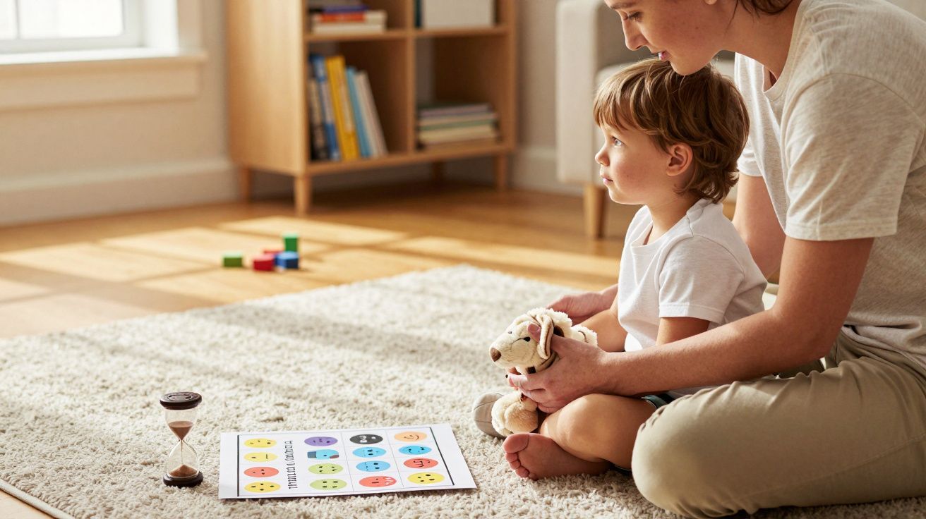 Criança com peluche e adulto sentado no tapete, olhando para livro com carinhas coloridas; ampulheta ao lado.