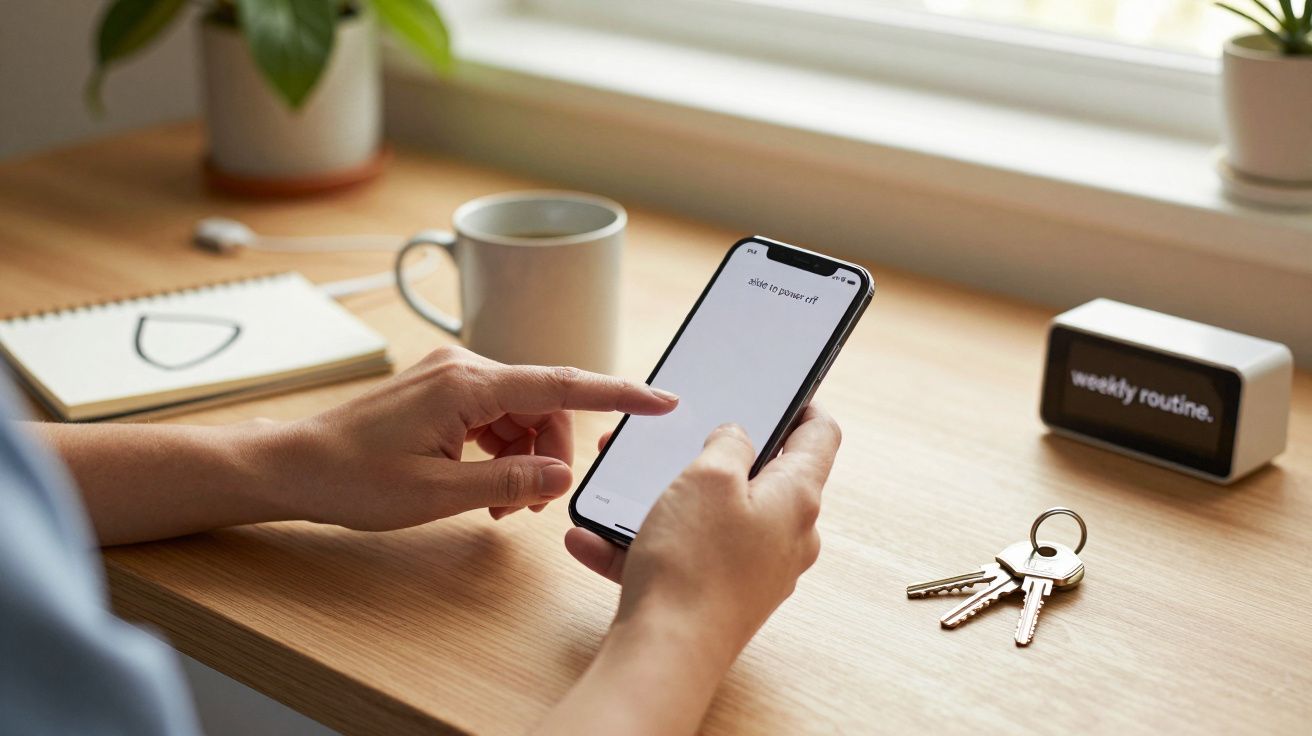 Pessoa usa smartphone numa mesa de madeira com chávena, bloco de notas, chaves e relógio ao fundo.