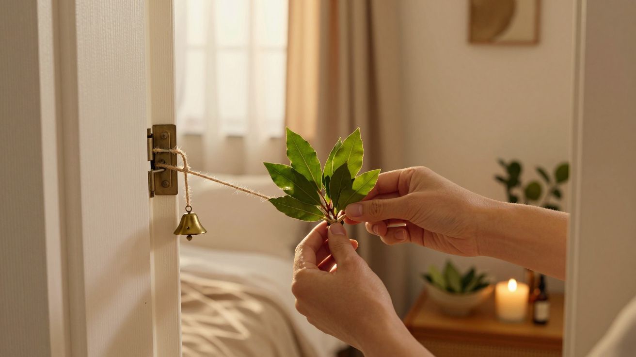 Mãos segurando folhas verdes junto a uma porta com um pequeno sino, interior de quarto ao fundo.