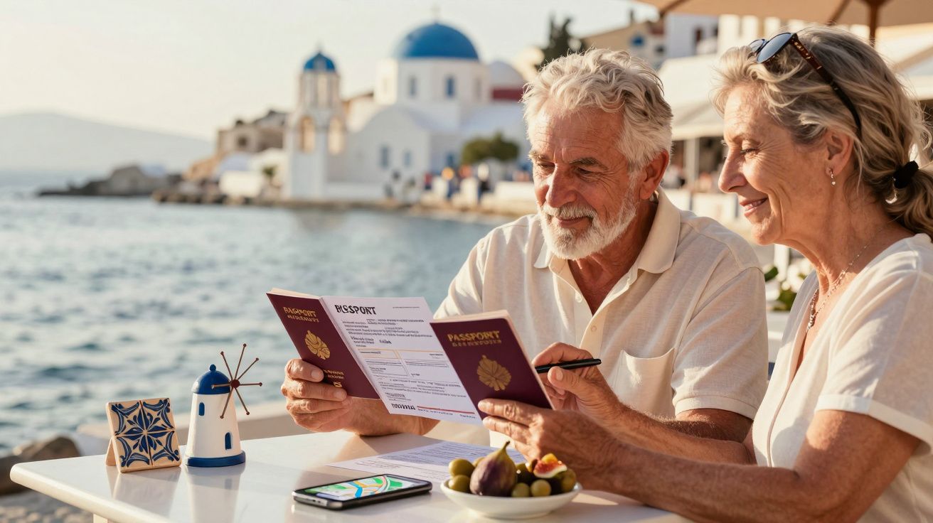 Casal idoso consulta passaportes numa esplanada à beira-mar, com edifícios de cúpula azul ao fundo.