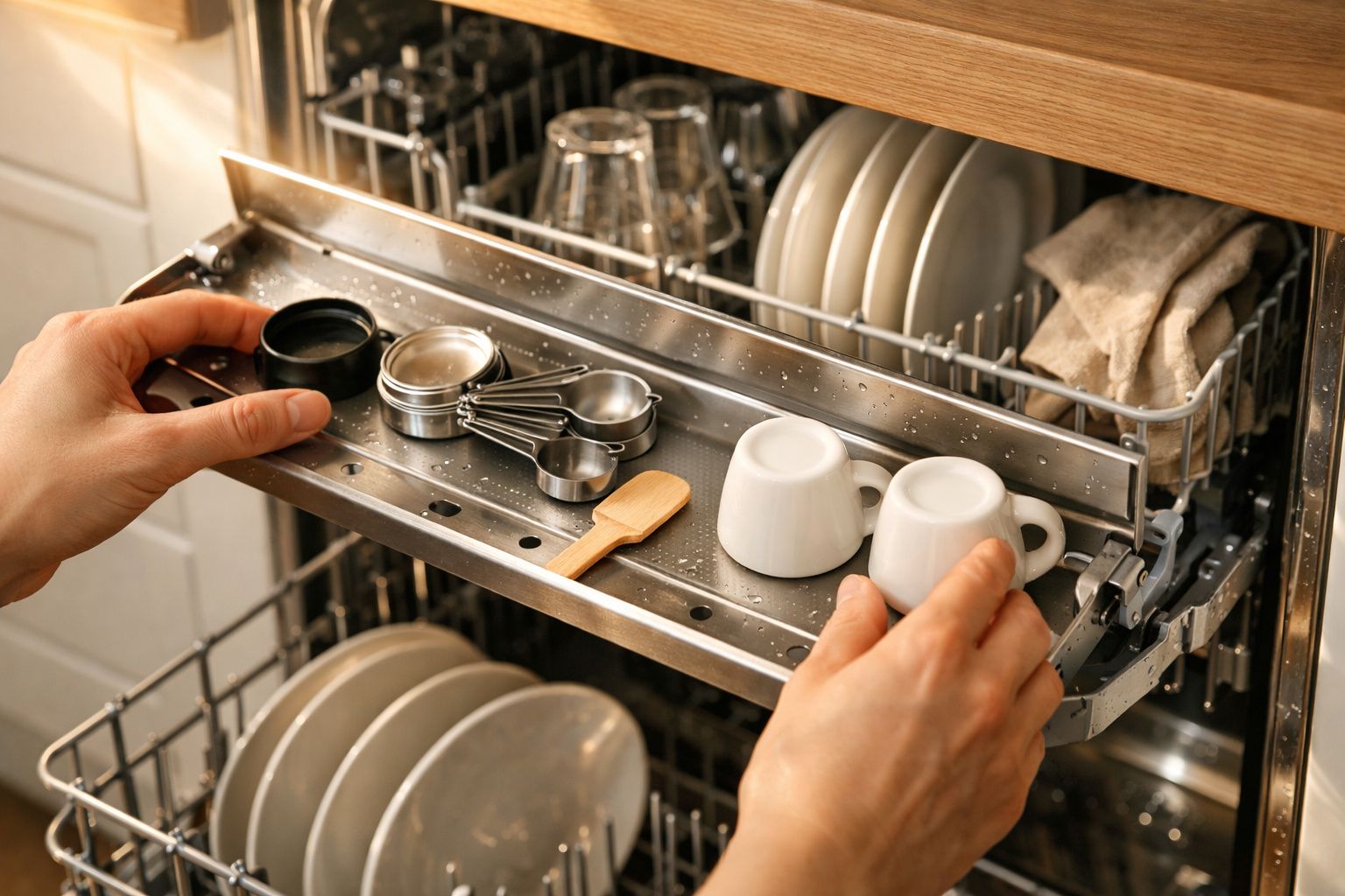Mãos a carregar uma máquina de lavar louça com chávenas, colheres medidoras e pratos.