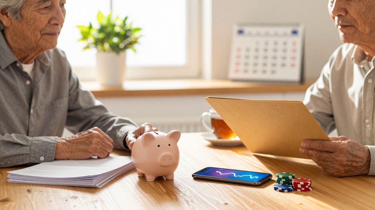 Dois idosos discutem finanças em casa, com papéis, um porquinho mealheiro e um smartphone numa mesa de madeira.