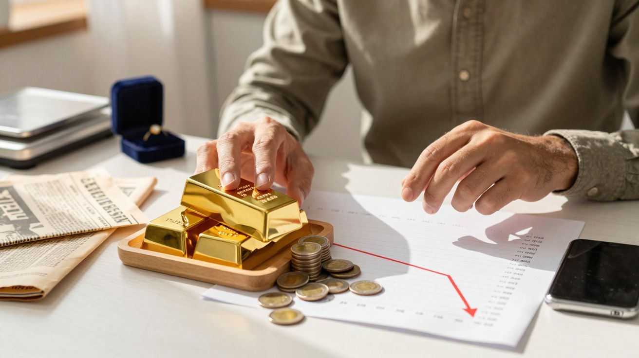 Homem com lingotes de ouro e moedas, apontando para um gráfico de descida, rodeado de jornal e smartphone.
