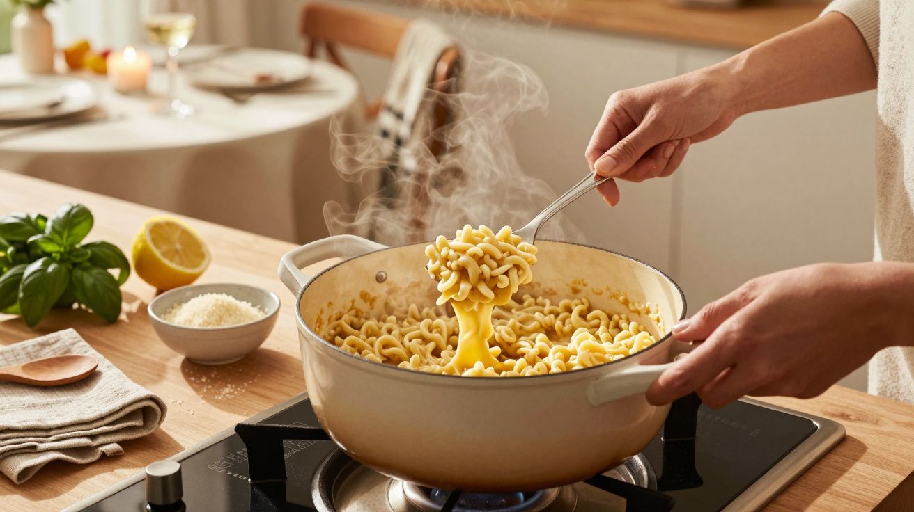 Pessoa a mexer massa num tacho ao lume, com vapor a subir na cozinha, num ambiente acolhedor.