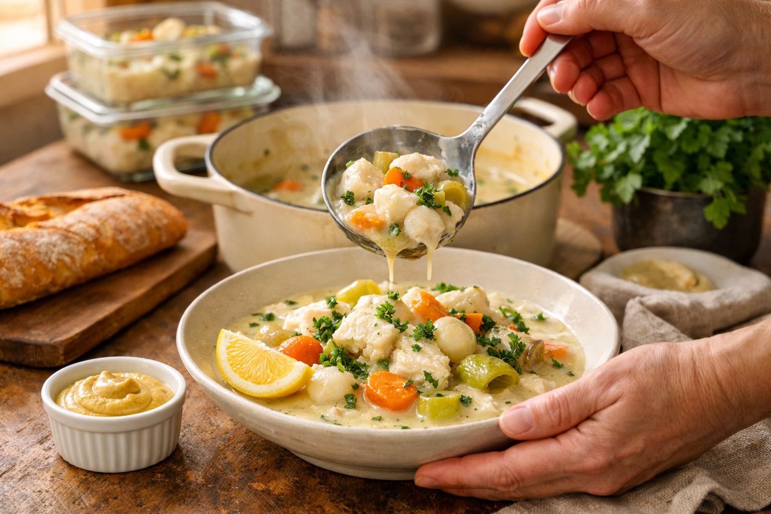 Mãos destapam panela fumegante com sopa de vegetais ao lado de salada e pão numa mesa de madeira.