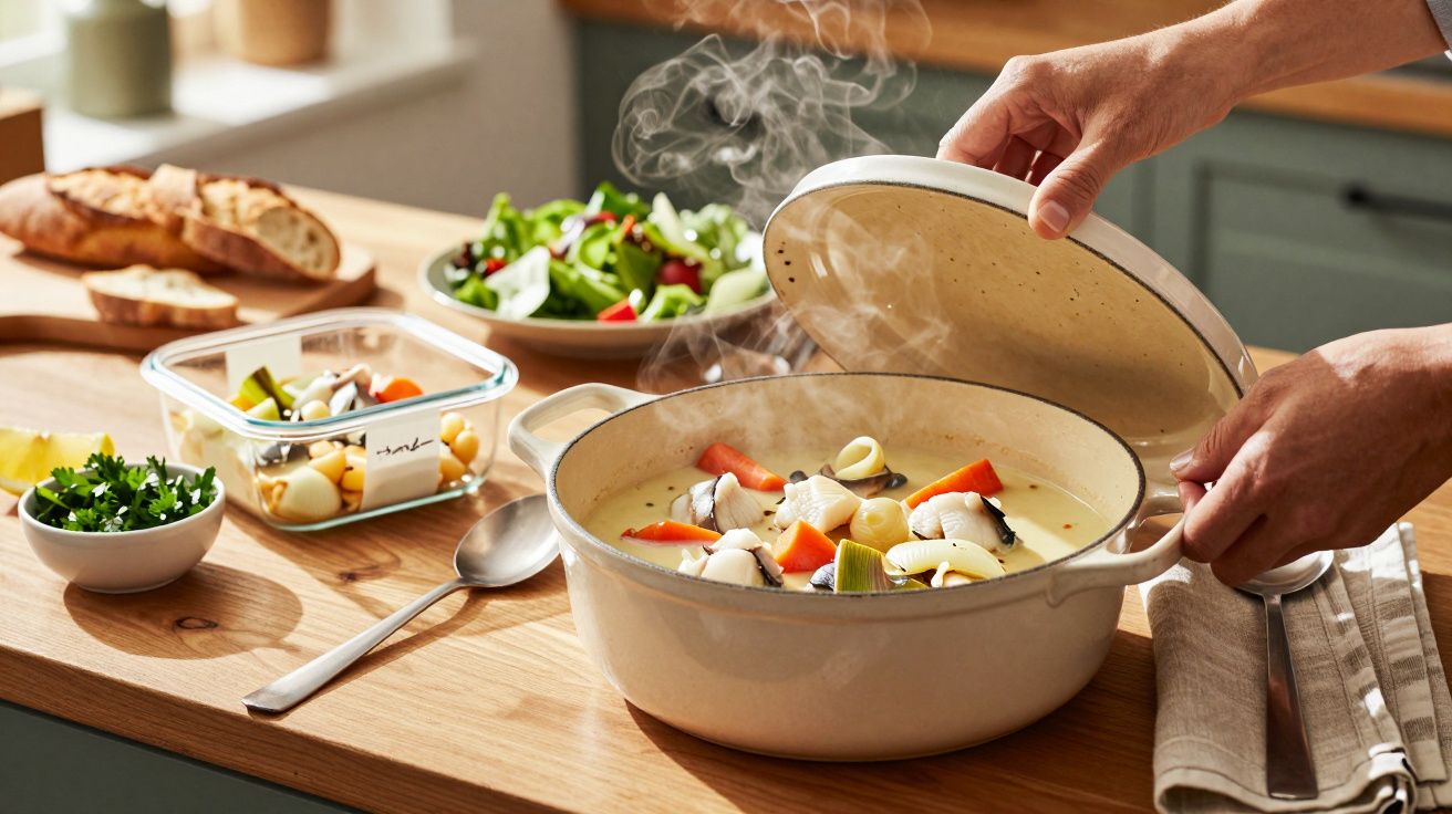 Mãos destapam panela de sopa a ferver com legumes numa cozinha, rodeada de pão, salada e outros ingredientes frescos.
