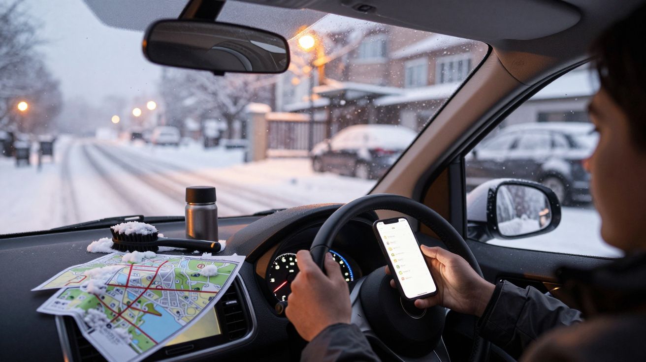 Pessoa ao volante num carro, segurando um telemóvel, com neve na estrada e no carro, mapa no painel.