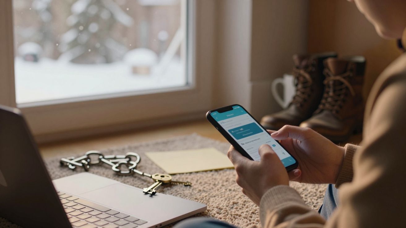 Pessoa a usar smartphone junto a janela, com portátil, chaves, chávena e botas ao fundo.