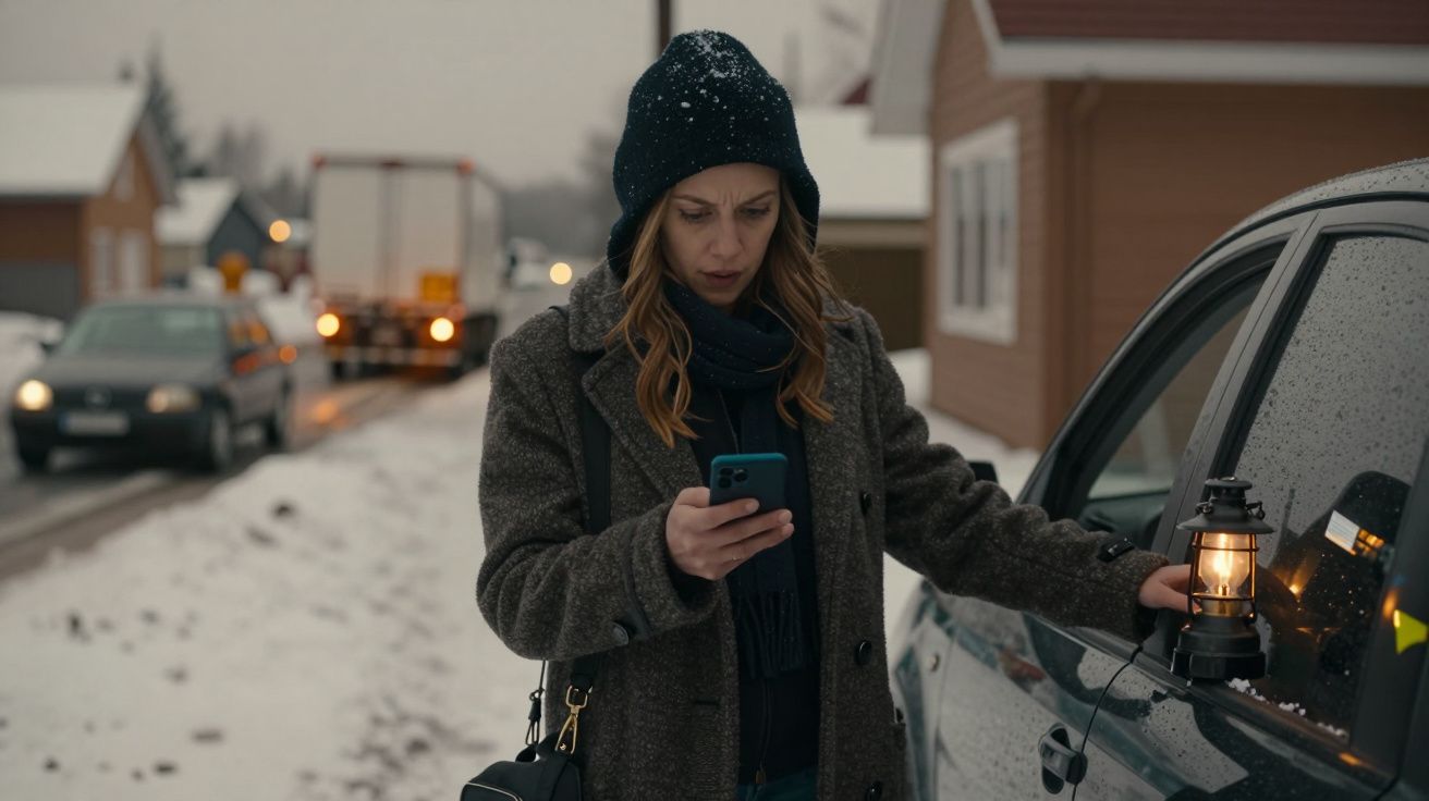 Mulher com casaco e gorro, ao lado de um carro na neve, olha para o telemóvel, segurando uma lanterna acesa.