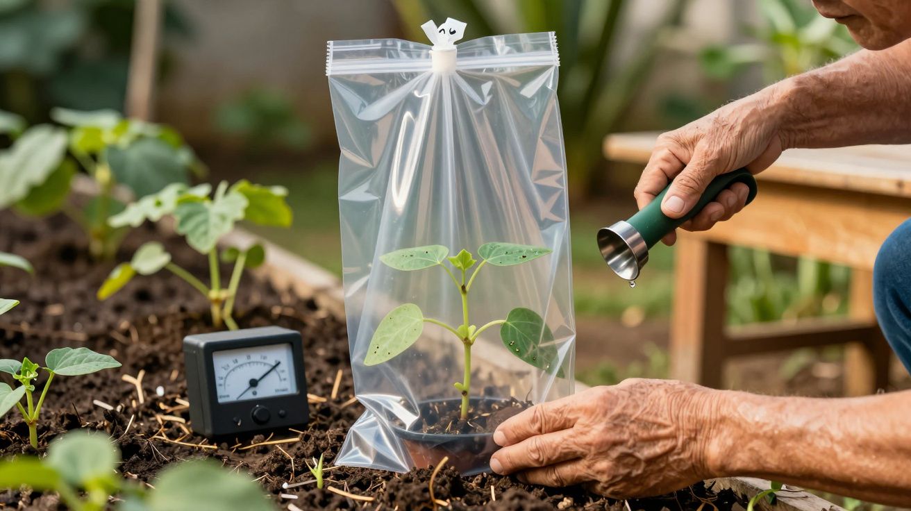Pessoa a regar uma planta em vaso com saco plástico, no jardim, e um medidor do solo ao lado.