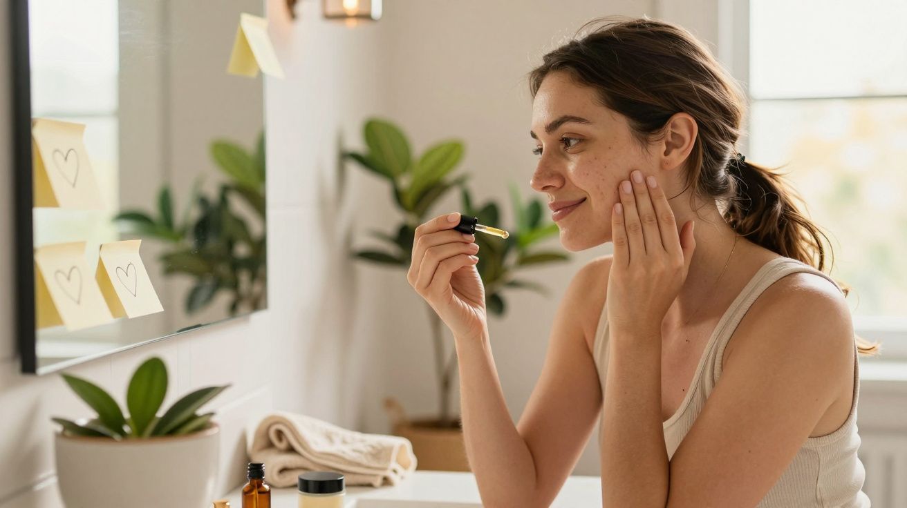 Mulher aplicando óleo facial em frente ao espelho com post-its, plantas ao fundo.
