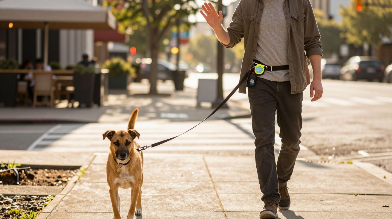 Homem a passear um cão numa rua arborizada, com cafés ao fundo. O homem acena e segura a trela do cão.