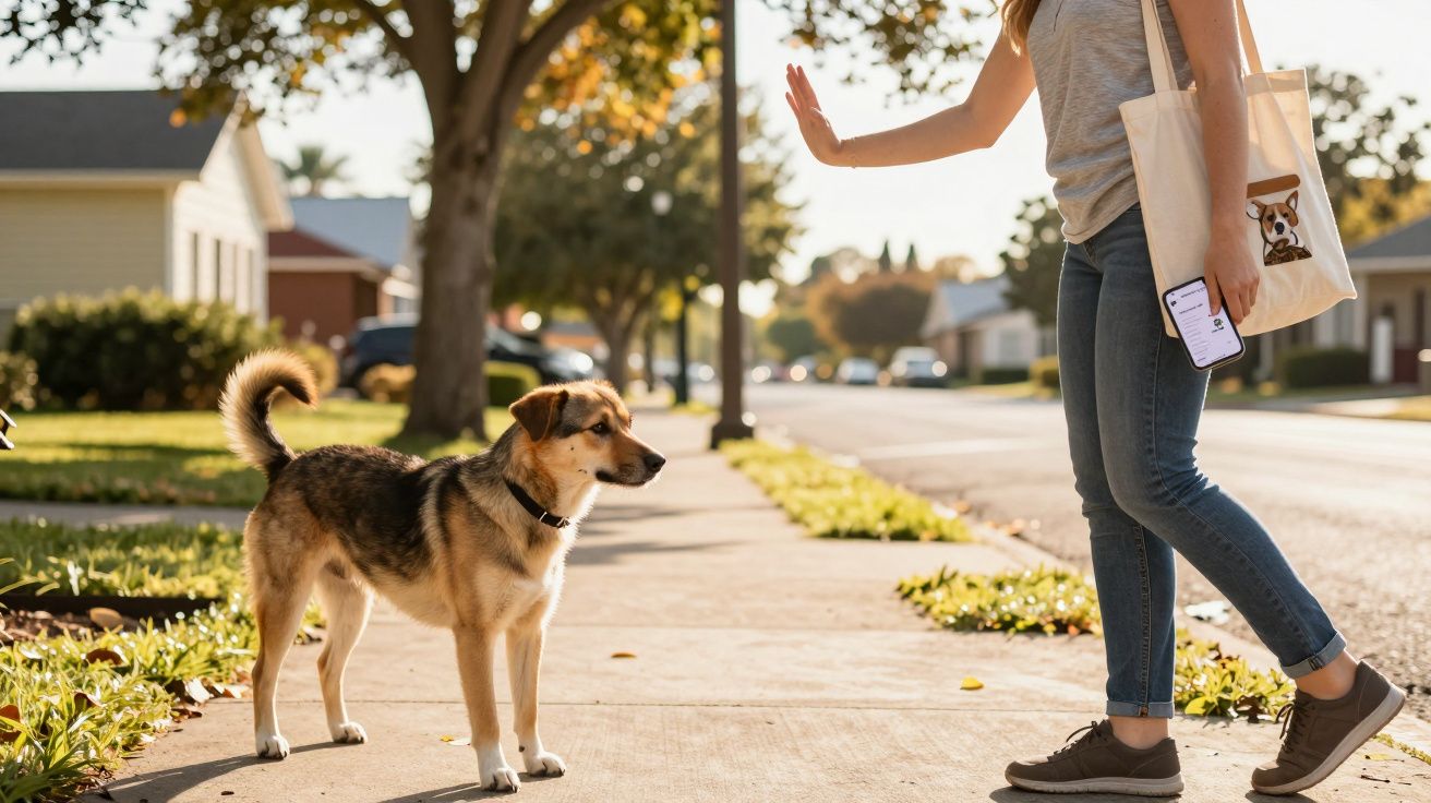 Mulher segurando um telemóvel e saco, sinalizando para um cão numa rua ensolarada.