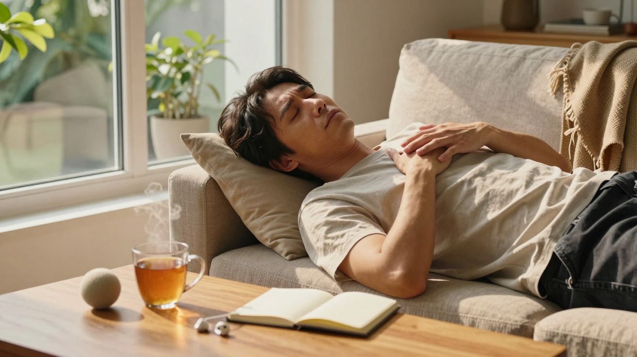 Homem deitado num sofá com chá, livro e auscultadores sobre a mesa, ao lado de uma janela com plantas.