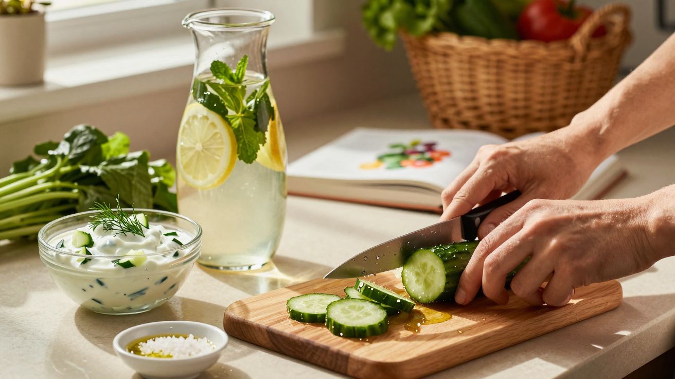 Mãos cortando pepino em tábua de madeira, rodeado de jarro com limonada, molho de iogurte e legumes frescos na bancada.