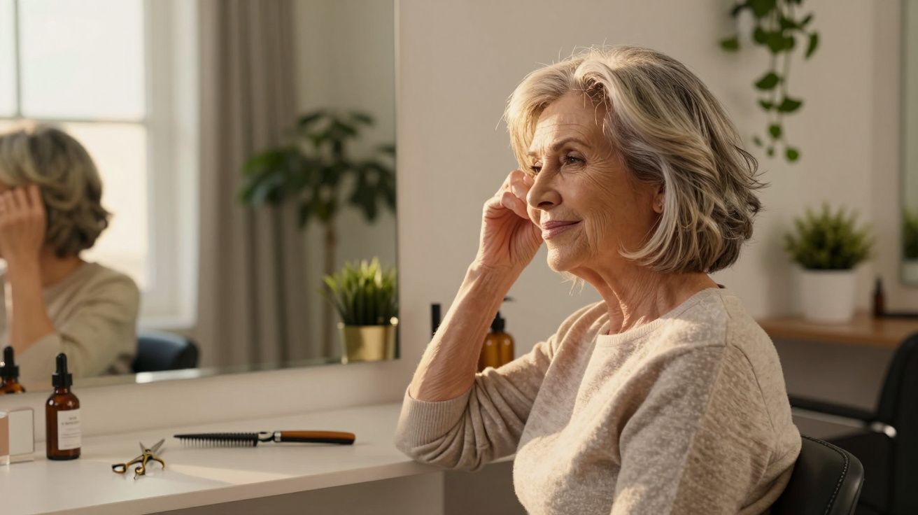 Mulher idosa em frente ao espelho, ajeitando cabelo num ambiente de casa, com plantas e frascos na mesa.