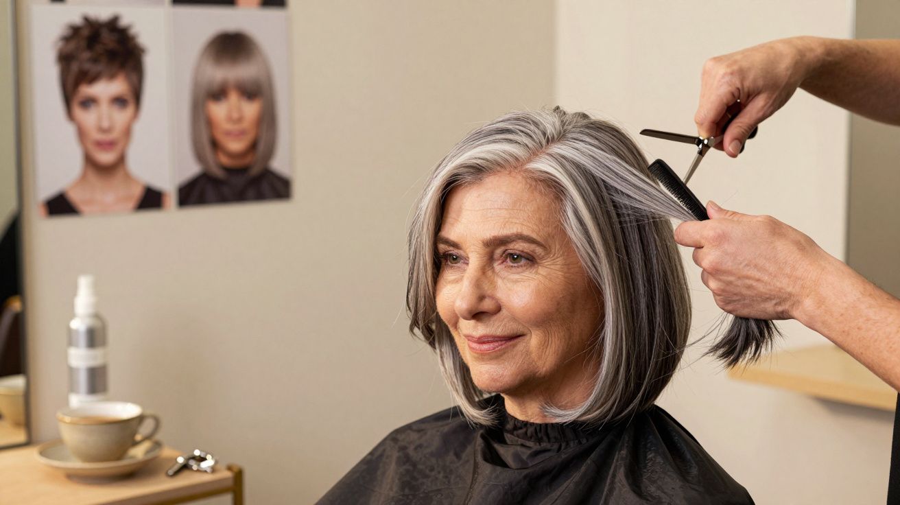 Cabeleireiro corta cabelo grisalho de mulher idosa sentada, com fotos de penteados na parede ao fundo.