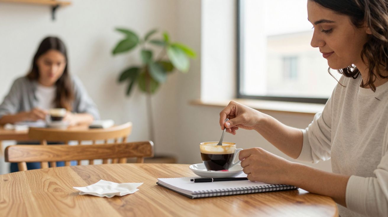 Mulher mexe café com caderno à frente; ao fundo, outra mulher também toma café.