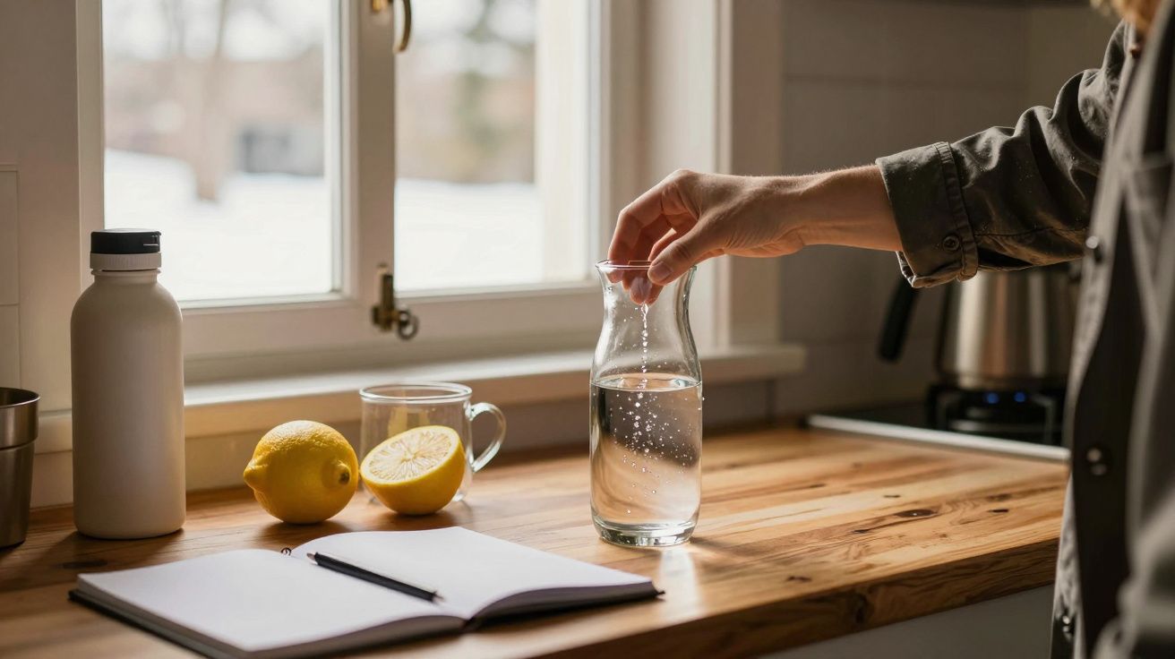 Mão segurando jarra de água numa cozinha, com garrafa, chávena, limões e caderno sobre bancada de madeira.