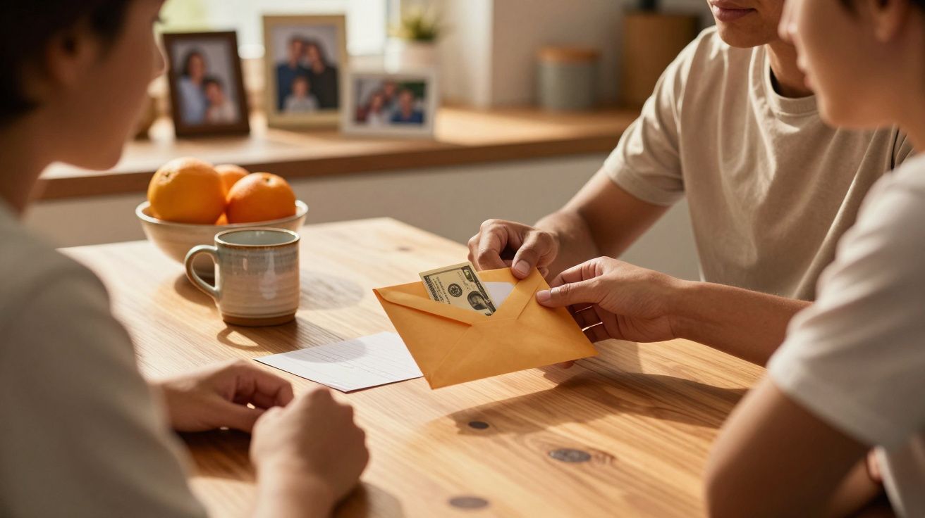 Duas pessoas à mesa, uma segura envelope com dinheiro. Fundo: tigela com frutas e fotos em molduras.
