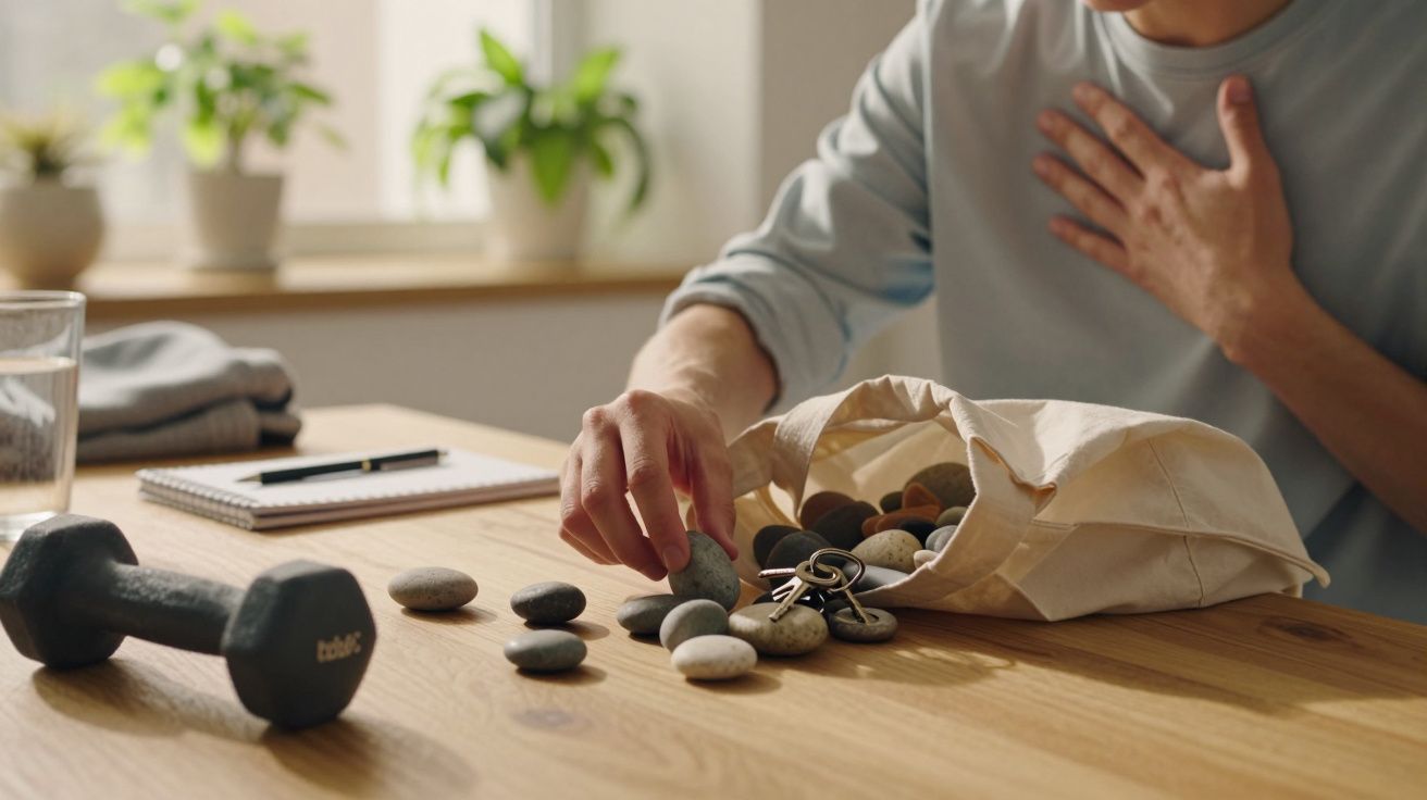 Pessoa sentada à mesa com saco de pedras, haltere e caderno, numa sala com plantas ao fundo.
