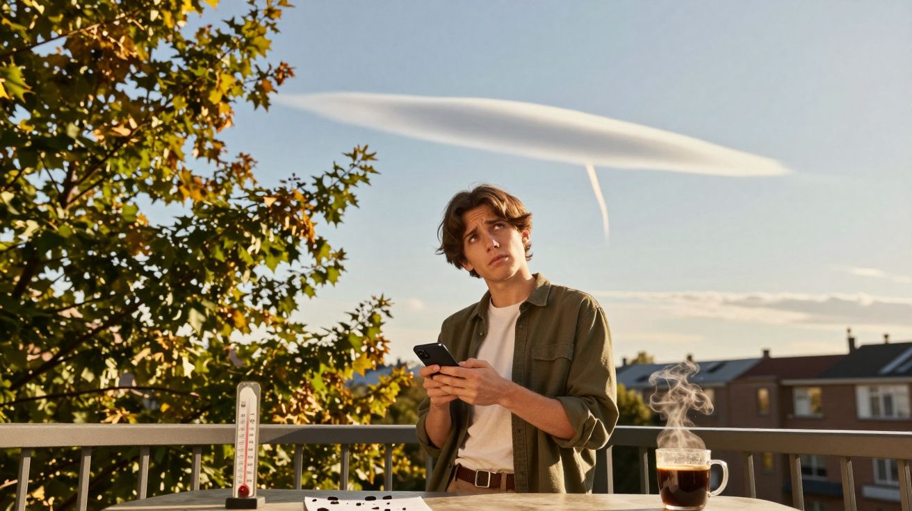 Homem com telemóvel observa nuvem invulgar em forma de disco no céu, numa varanda com termómetro e café fumegante.