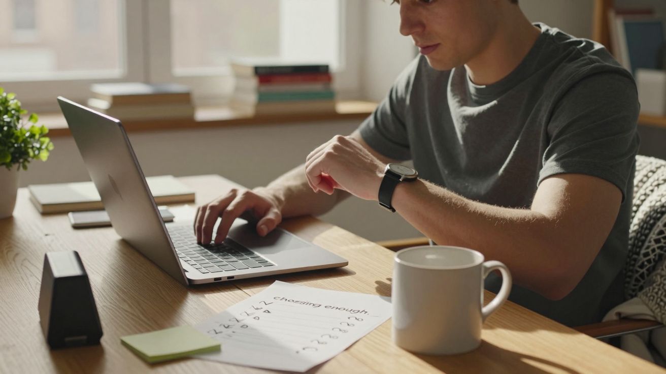 Homem a trabalhar num portátil numa mesa de madeira, com chávena de café e papéis. Luz natural entra pela janela.