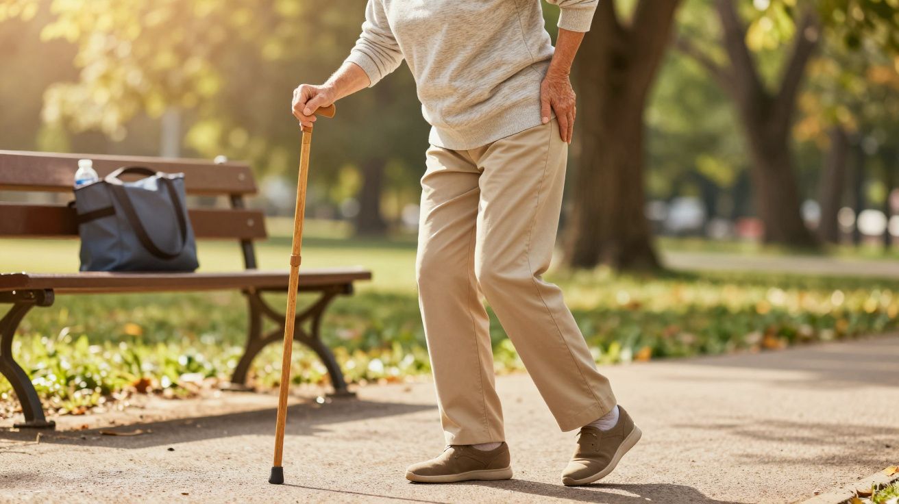 Pessoa idosa caminhando com bengala num parque ensolarado, perto de um banco com bolsa.