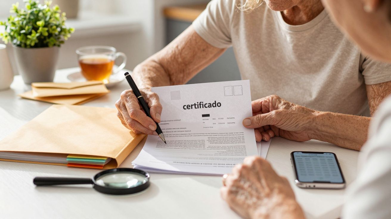 Duas pessoas analisam um certificado em papel sobre uma mesa, com lupa e telemóvel ao lado.