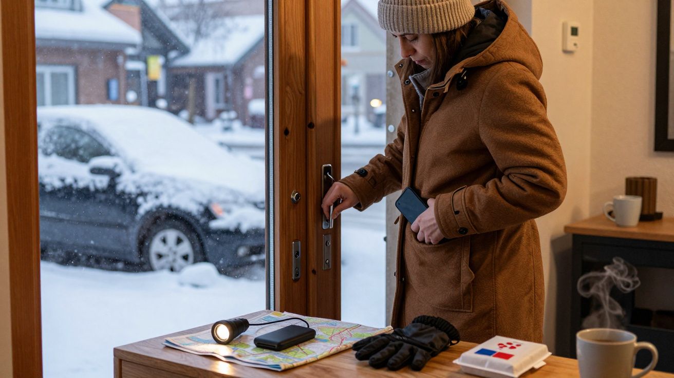Mulher de casaco castanho prepara-se para sair em dia de neve; mapa e luvas na mesa.