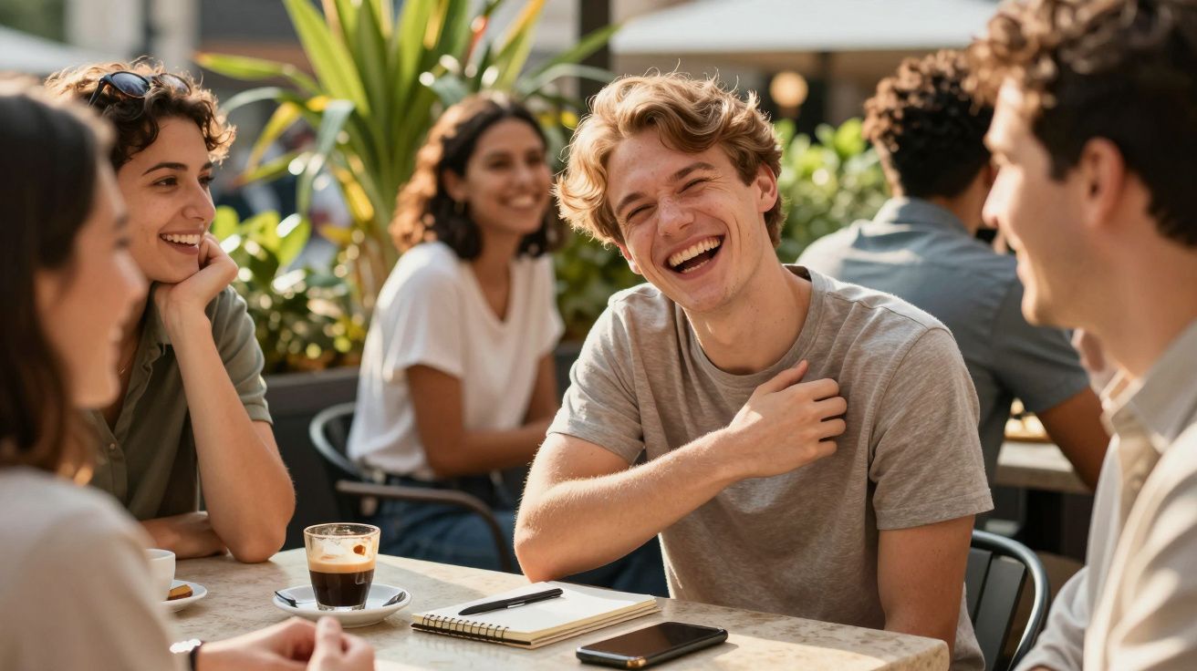 Grupo de jovens a rir e conversar num café ao ar livre com cadernos e café na mesa.