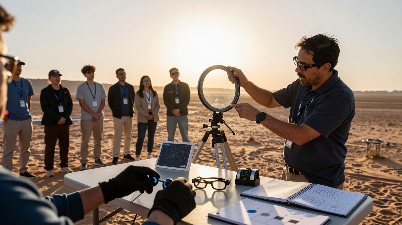 Grupo de pessoas no deserto com equipamentos científicos e notas, enquanto o sol nasce no horizonte.
