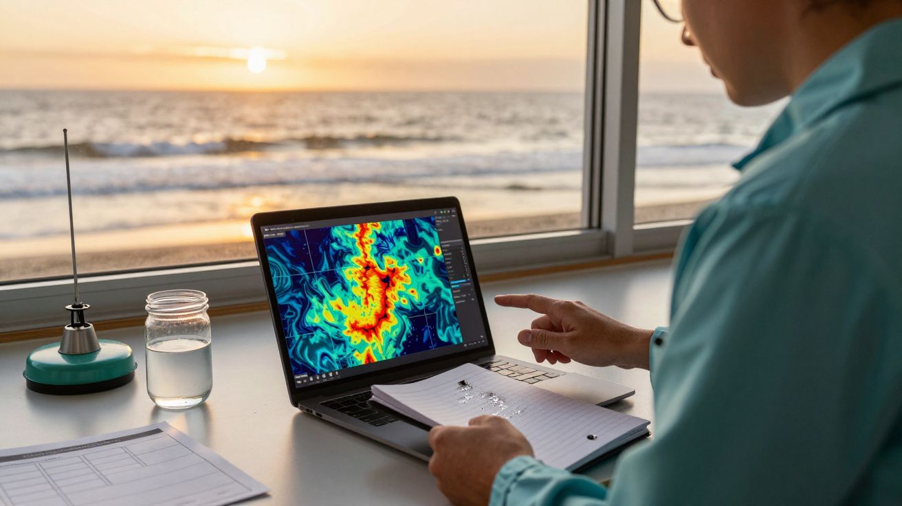 Pessoa analisa mapa de calor num portátil junto a uma janela com vista para o mar. Mesa com caderno e copo de água.