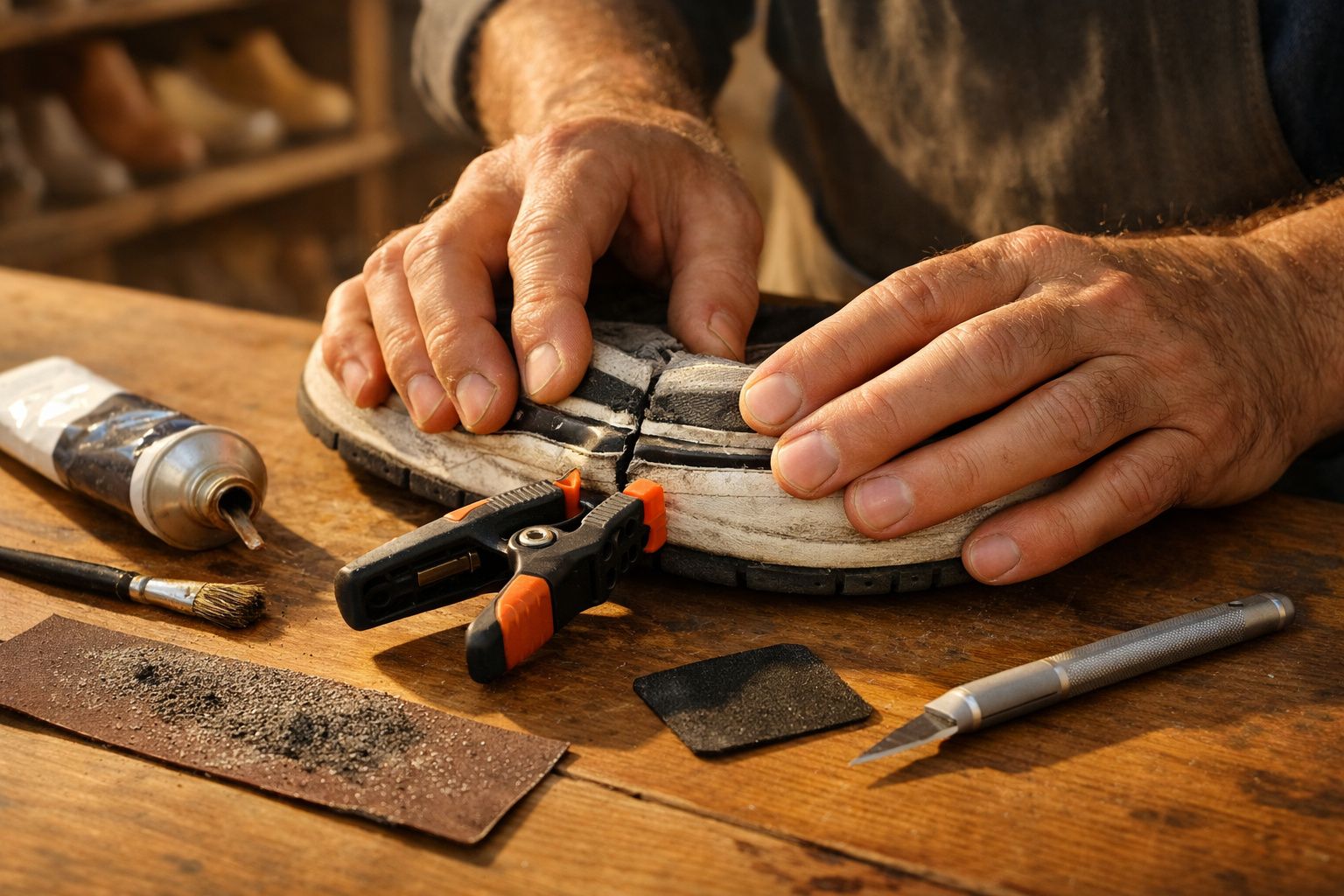 Mãos consertam sola de sapato sobre uma mesa de madeira com ferramentas e cola ao redor.