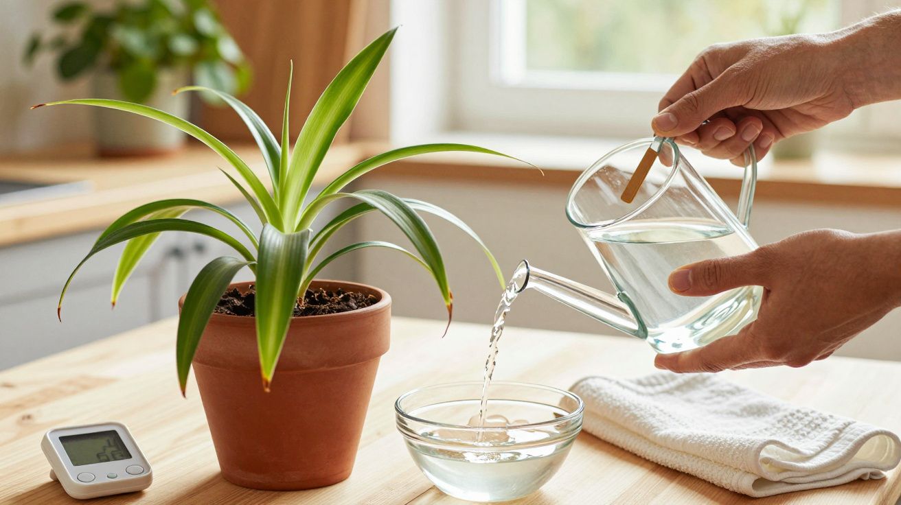 Pessoa a regar uma planta numa mesa de madeira ao lado de uma tigela de água e um termómetro digital.