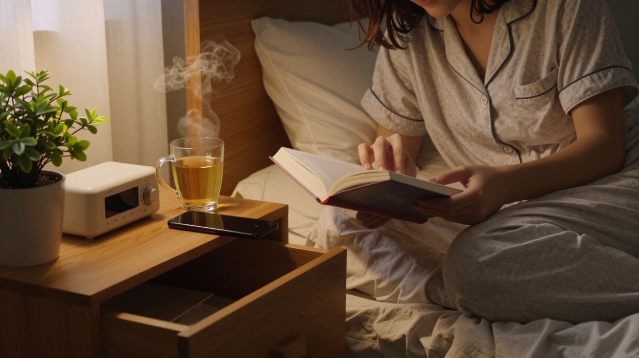 Mulher de pijama lê livro na cama, chá fumegante e planta ao lado.