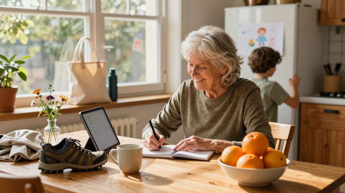 Idosa escreve em bloco de notas na cozinha enquanto criança brinca ao fundo. Tablet, flores e frutas na mesa.
