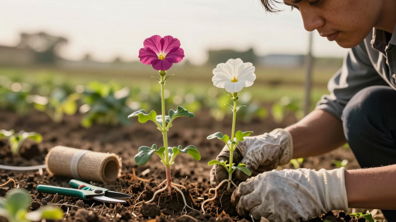 Pessoa plantando flores no jardim, com luvas e ferramentas ao lado.