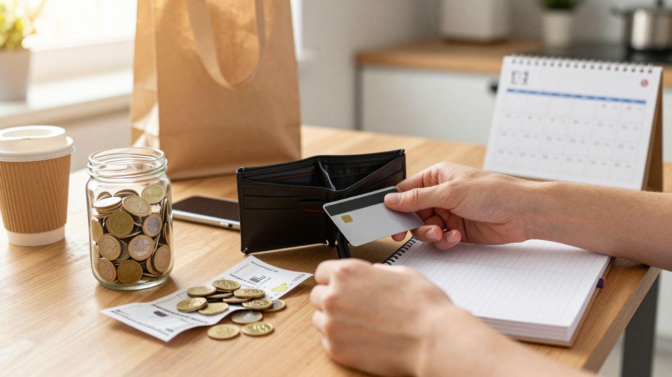 Pessoa segurando um cartão de crédito ao lado de um caderno, carteira aberta e um frasco com moedas sobre a mesa.