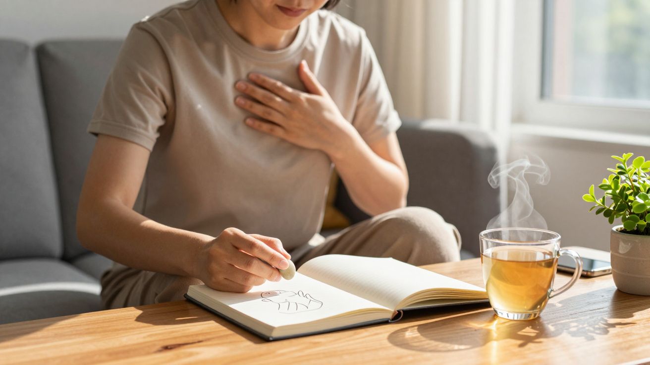 Mulher sentada no sofá, desenhando num bloco, com uma mão no peito. Chá fumegante e planta na mesa de madeira.