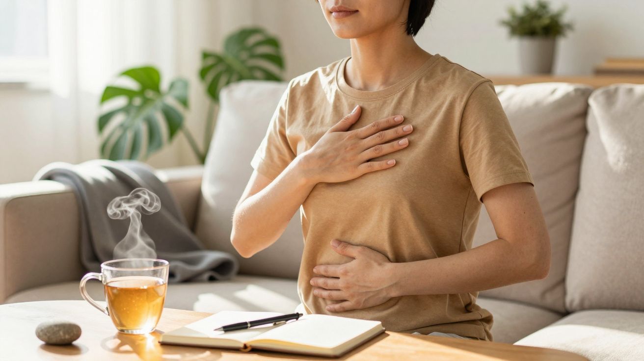 Mulher sentada no sofá com as mãos no peito e abdómen, chá sobre a mesa e bloco de notas ao lado.