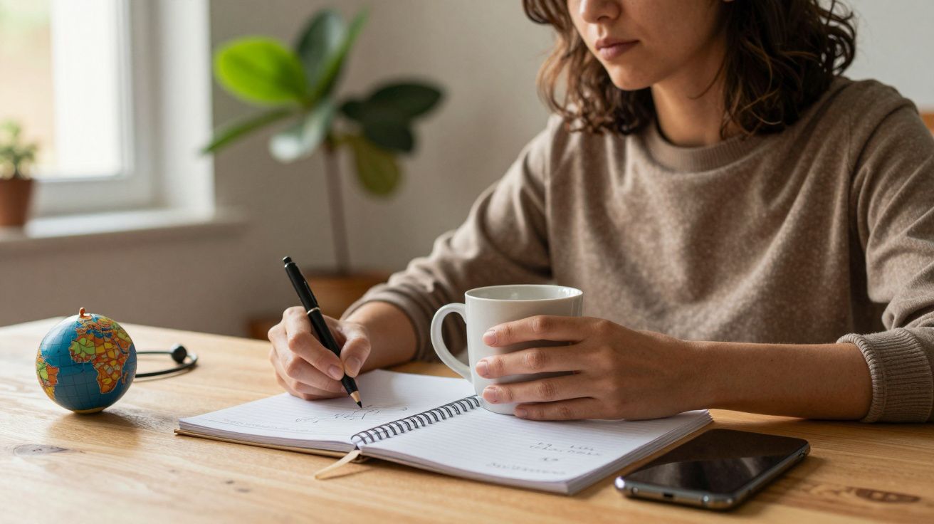 Mulher escreve num caderno enquanto segura uma chávena. Uma planta e um globo decorativo em cima da mesa.