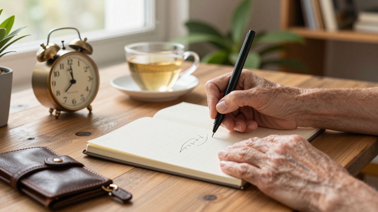 Pessoa idosa a escrever em caderno numa mesa de madeira, com chávena de chá e relógio ao lado.