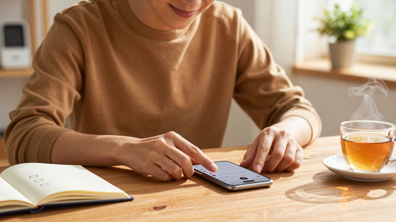 Pessoa usando smartphone numa mesa com chá e bloco de notas.