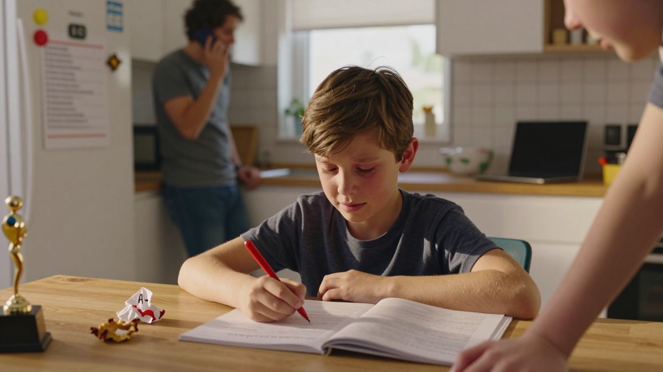 Menino escreve num caderno na cozinha, enquanto um adulto ao fundo fala ao telefone.