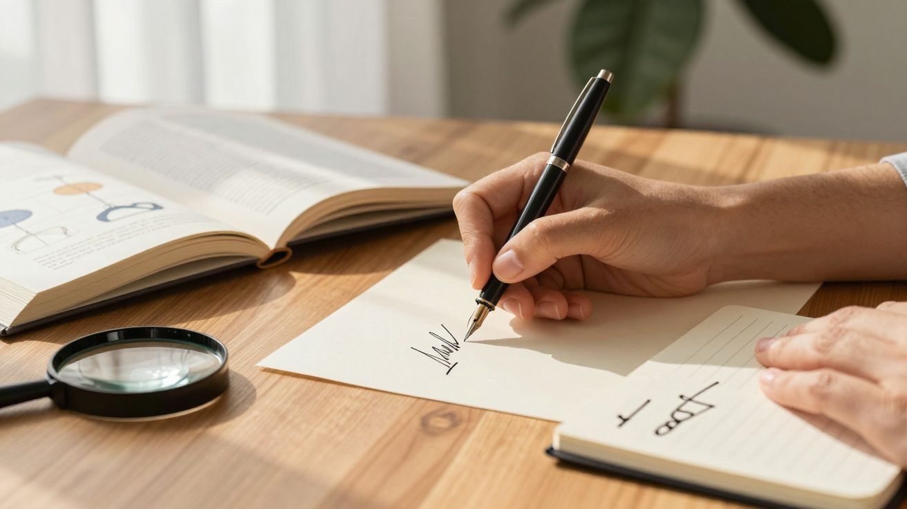 Mão escreve assinatura em papel sobre mesa de madeira, com caderno, livro aberto e lupa ao redor.